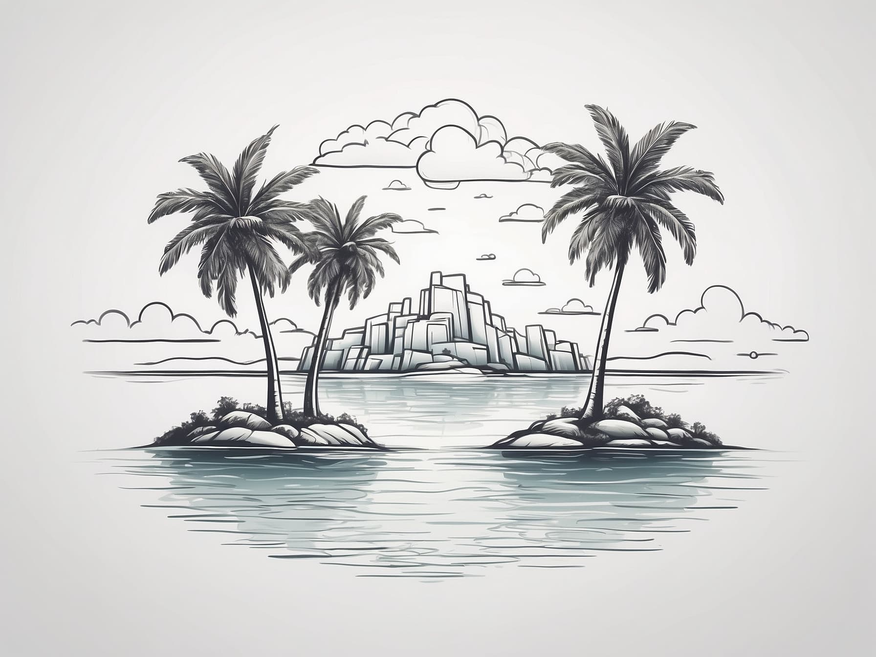 Insel im Meer mit Palmen und Felsen