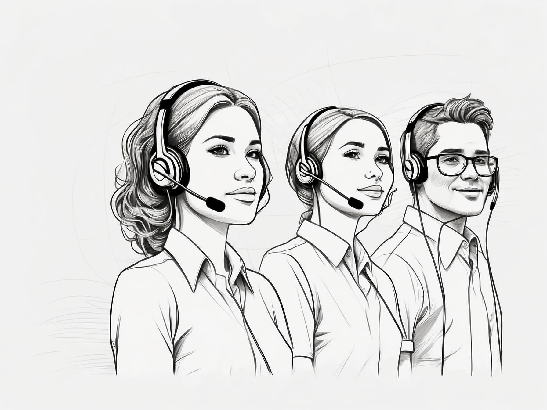 Drei glückliche Callcenter-Mitarbeiter, die KI unterstützt agieren