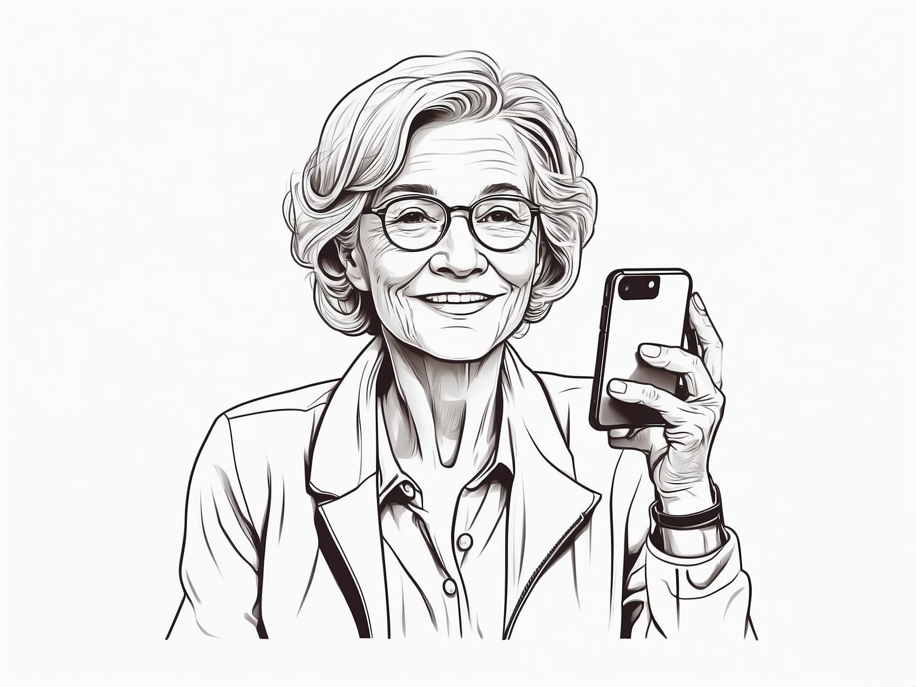 Eine lächelnde Seniorin mit Smartphone in der Hand