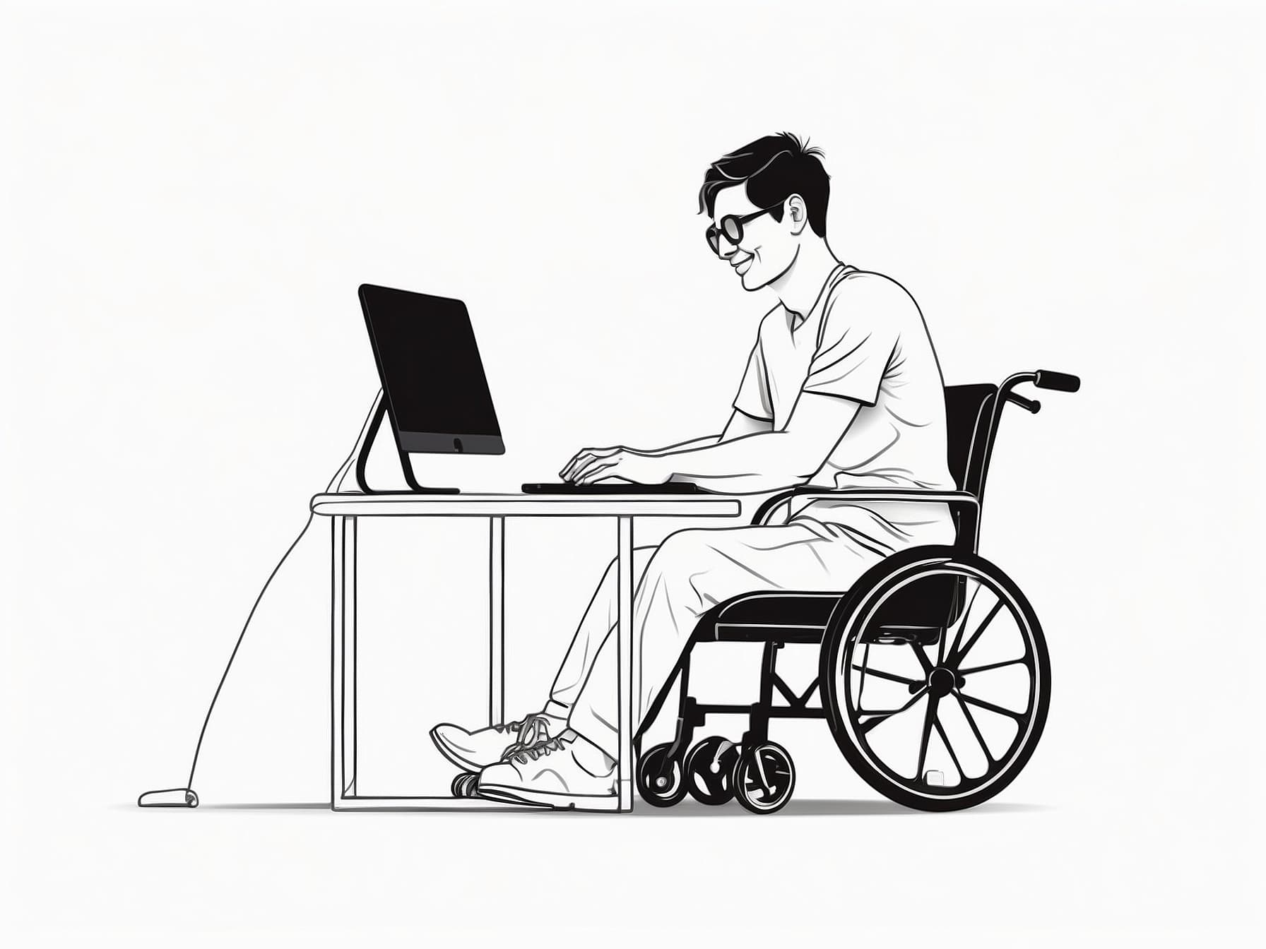 Ein Mensch mit Einschränkungen, sitzt erfreut am Computer