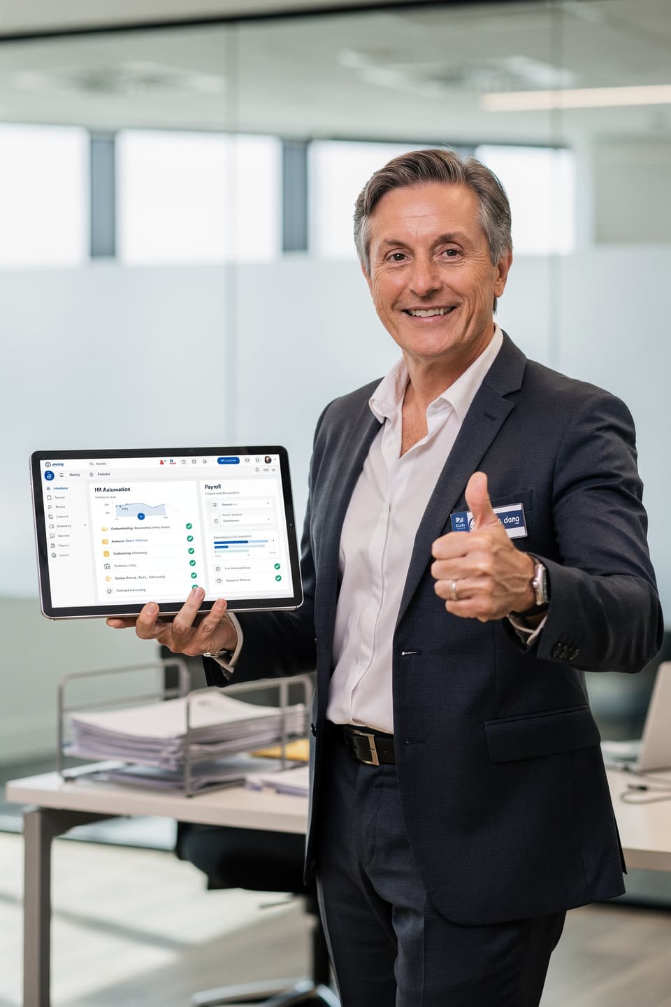 Ein Angestellter präsentiert stolz die HR Software