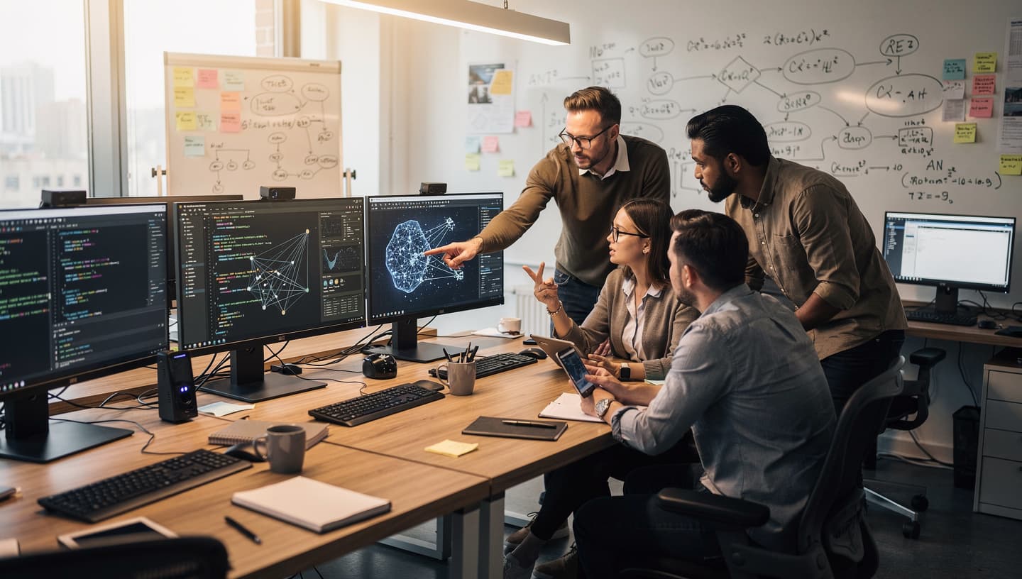 Arbeitskollegen arbeiten mit KI am Computer