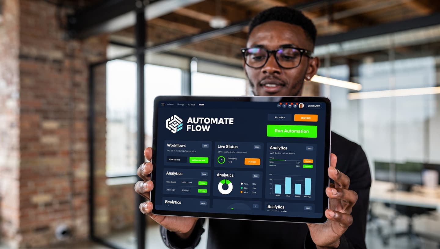 Ein Angestellter präsentiert KI Software auf dem Tablet