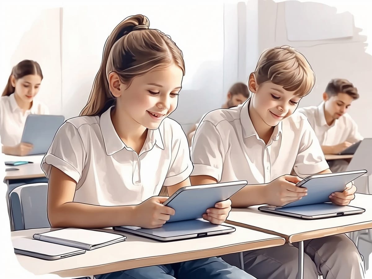 Eine Klasse arbeitet mit Tablets im Unterricht