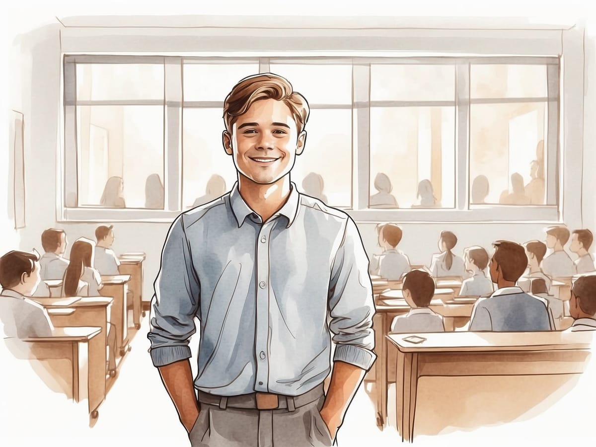Ein Klassensprecher schaut in die Kamera vor seiner Klasse