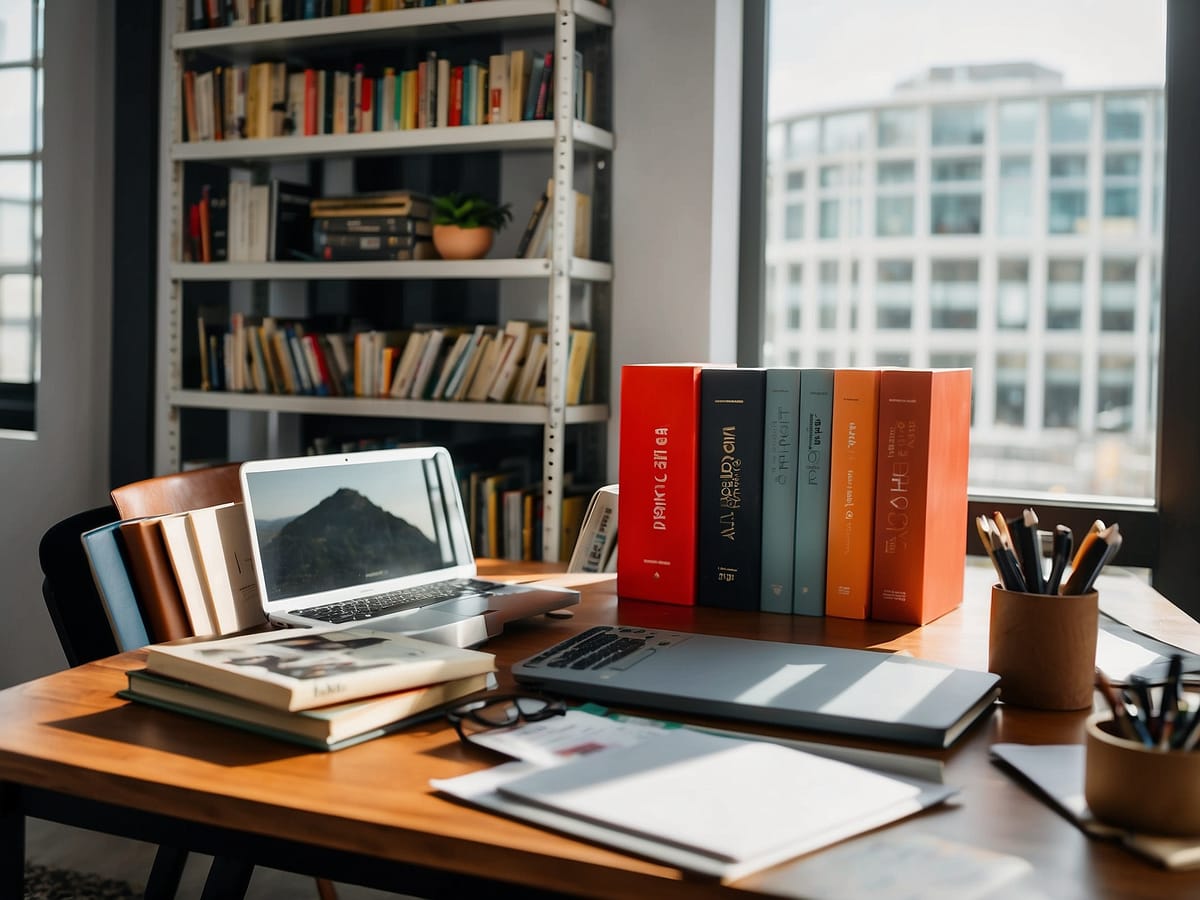 Ein Schreibtisch mit Büchern und Arbeitsutensilien