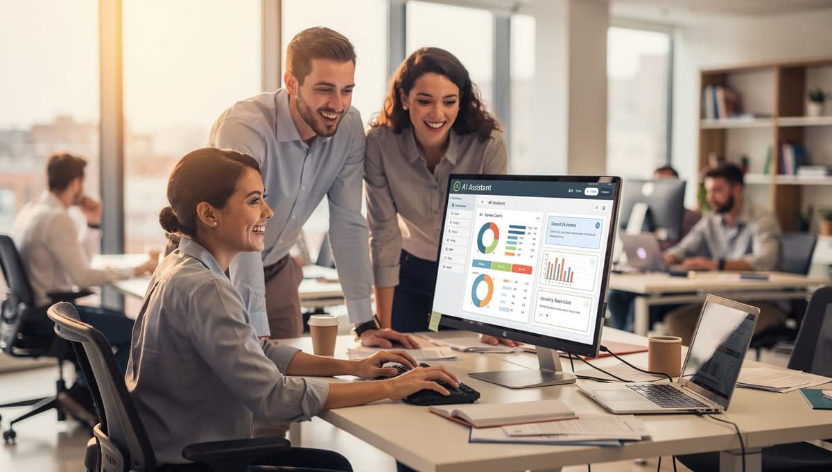 Eine Kollegin zeigt den Kollegen ein KI Verwaltungstool