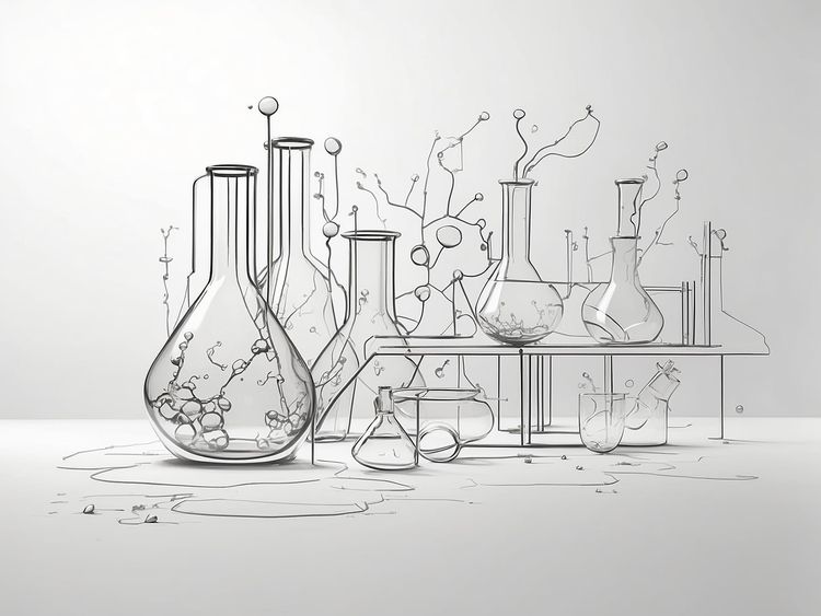 Viele Erlenmeyerkolben als chemisches Experiment dargestellt