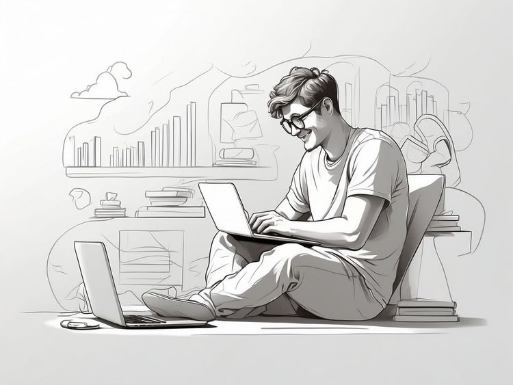 Ein Programmierer mit zwei Laptops bei seiner Arbeit