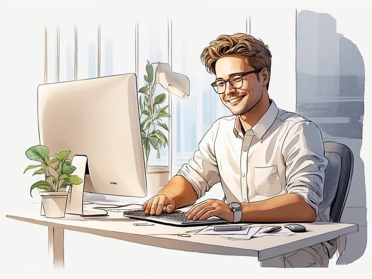 Ein zufriedener Kollege bei der Arbeit, unterstützt durch KI