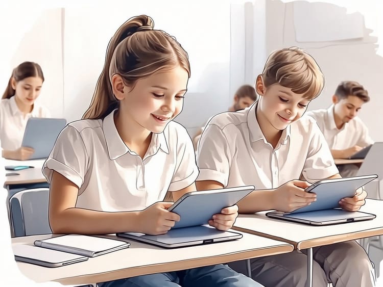 Eine Klasse arbeitet mit Tablets im Unterricht