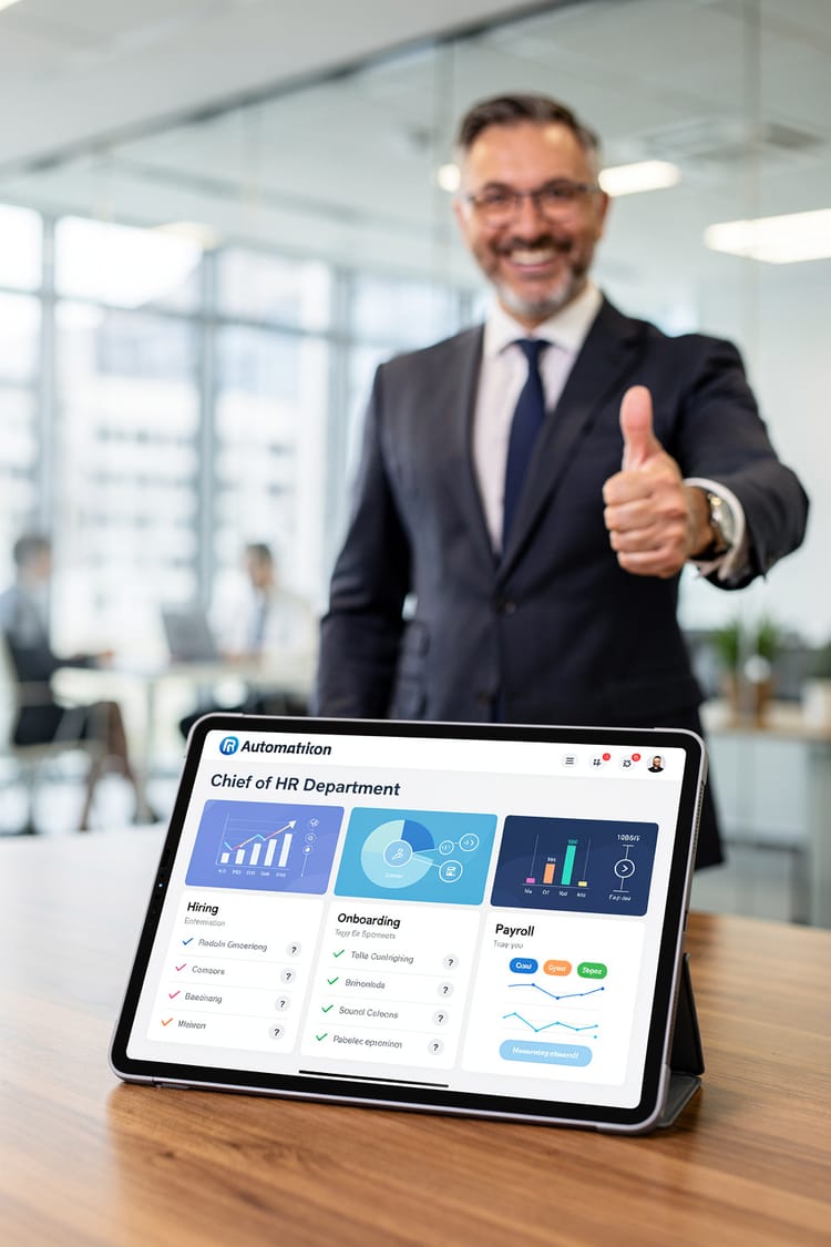 Ein zufriedener Chef mit Statistiken auf dem Tablet