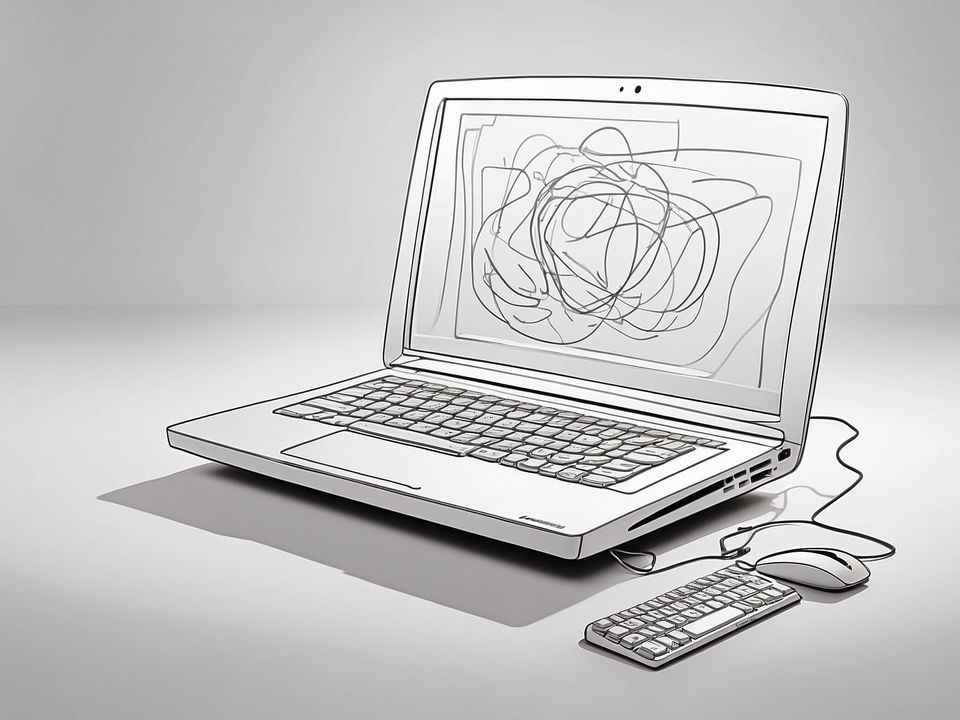 Ein Laptop mit Maus und Tastatur und ein Geflecht von Linien im Display