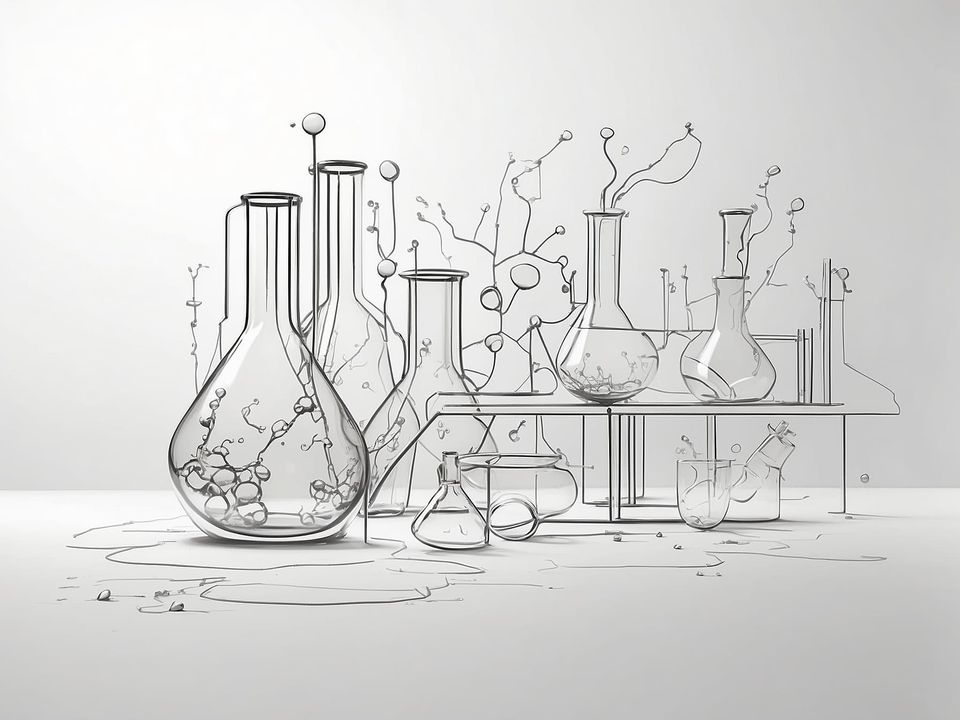 Viele Erlenmeyerkolben als chemisches Experiment dargestellt