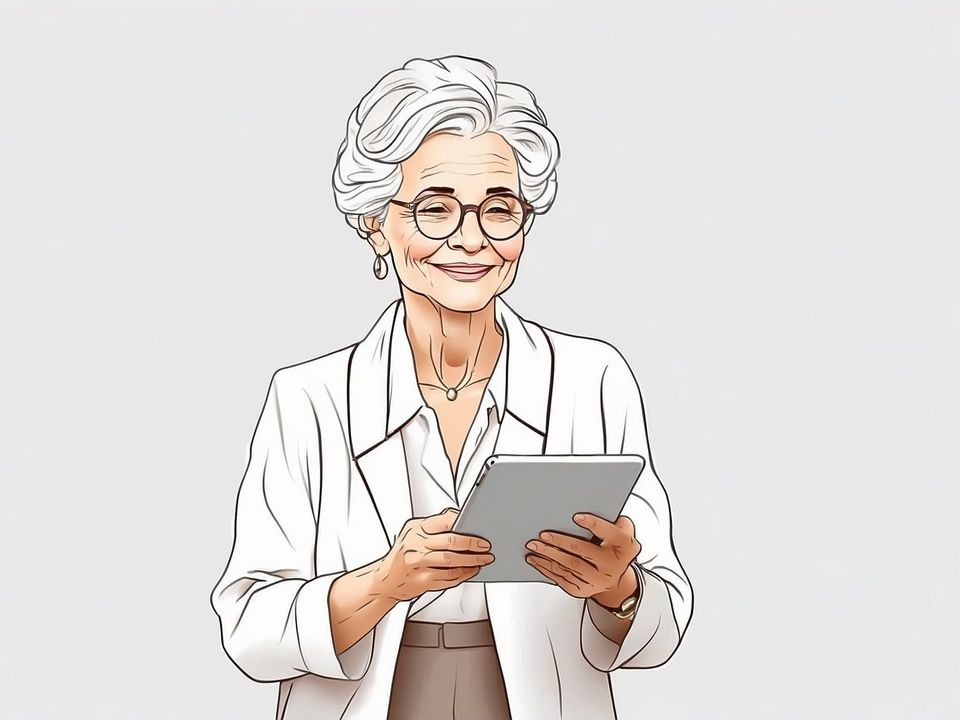 Eine Seniorin mit Tablet in der Hand